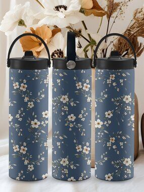 Floral Stainless Steel Tumbler with Portable Handle